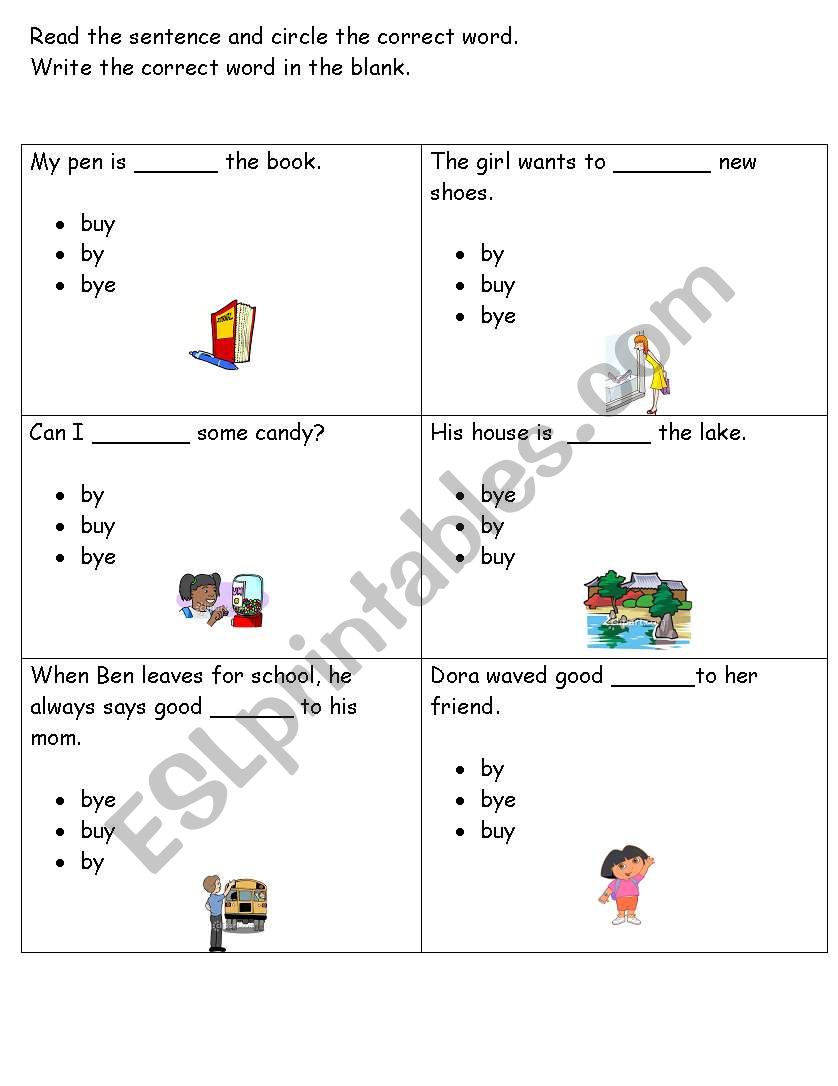 Homophones by, bye and buy worksheet