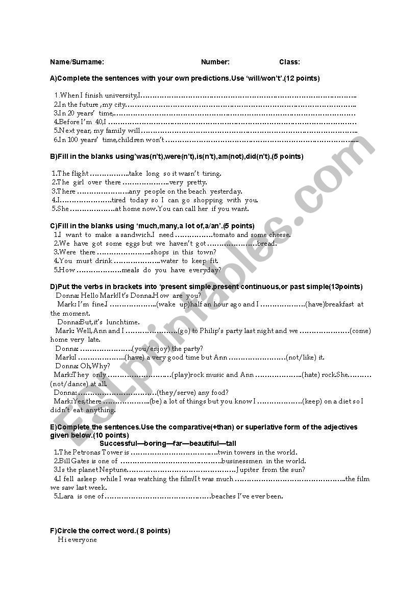 test for 11th grade students worksheet