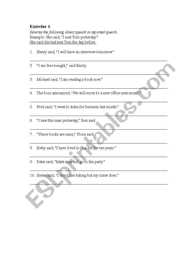 Exercise of Reported Speech  worksheet