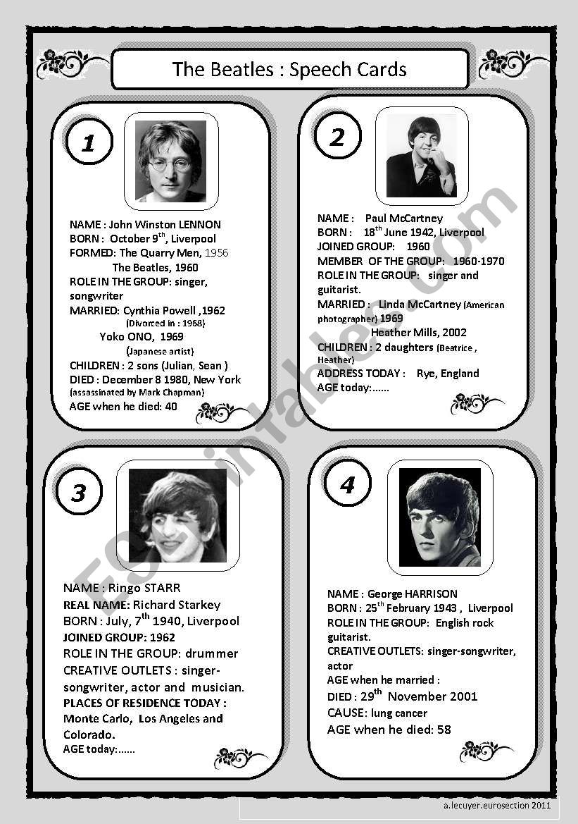 speech cards: The Beatles worksheet