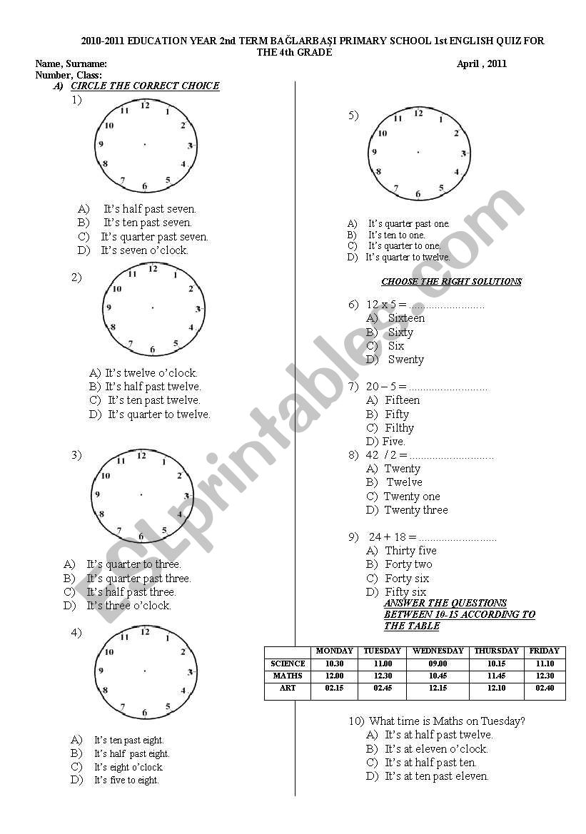 Time test worksheet