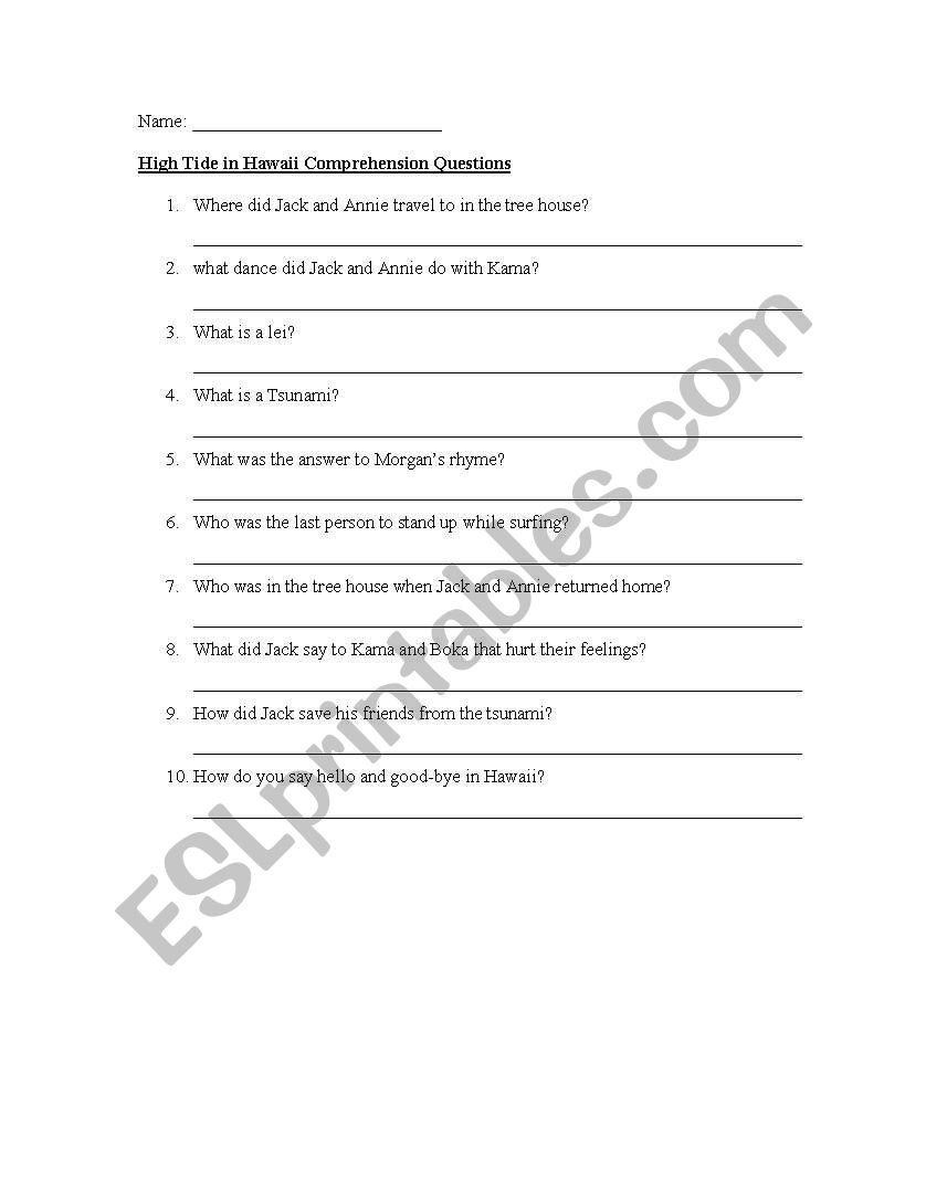 High Tide in Hawaii  worksheet