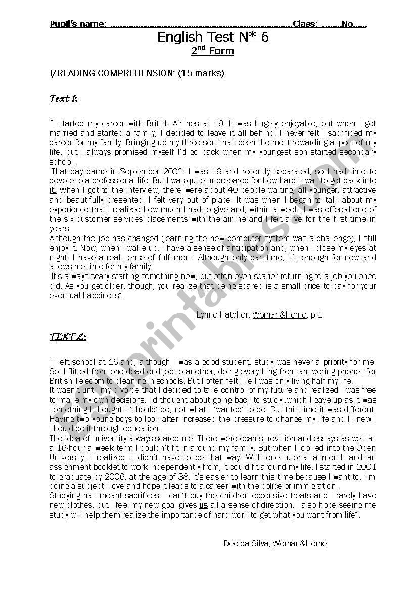 2 reading passages +comprehension questions : passage 1 about a woman  going back to work after children  grow up  and passage 2  about a woman going back to study+ language tasks + writing