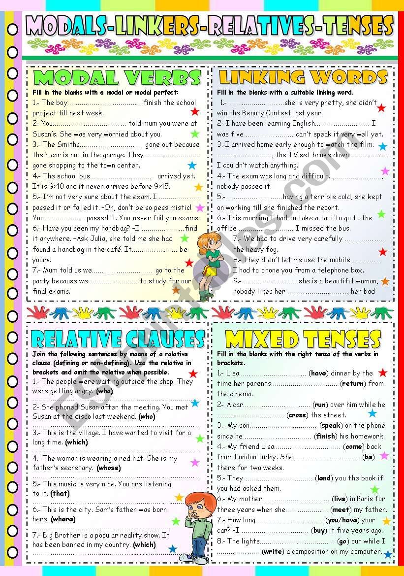 MODALS-LINKERS-RELATIVE CLAUSES AND MIXED TENSES- REVIEW (KEY INCLUDED)