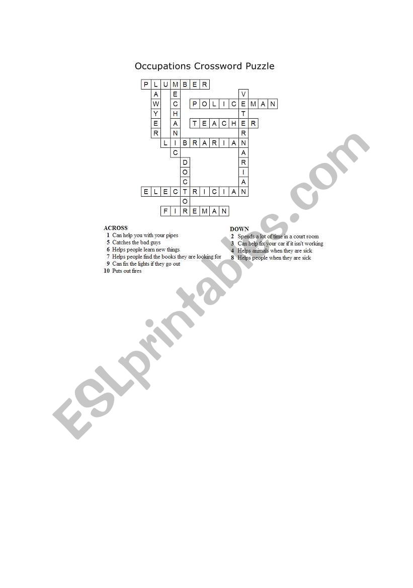 Occupations Crossword Puzzle worksheet