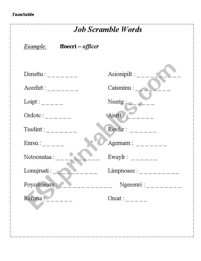 Job Scramble Words (with KEY) worksheet