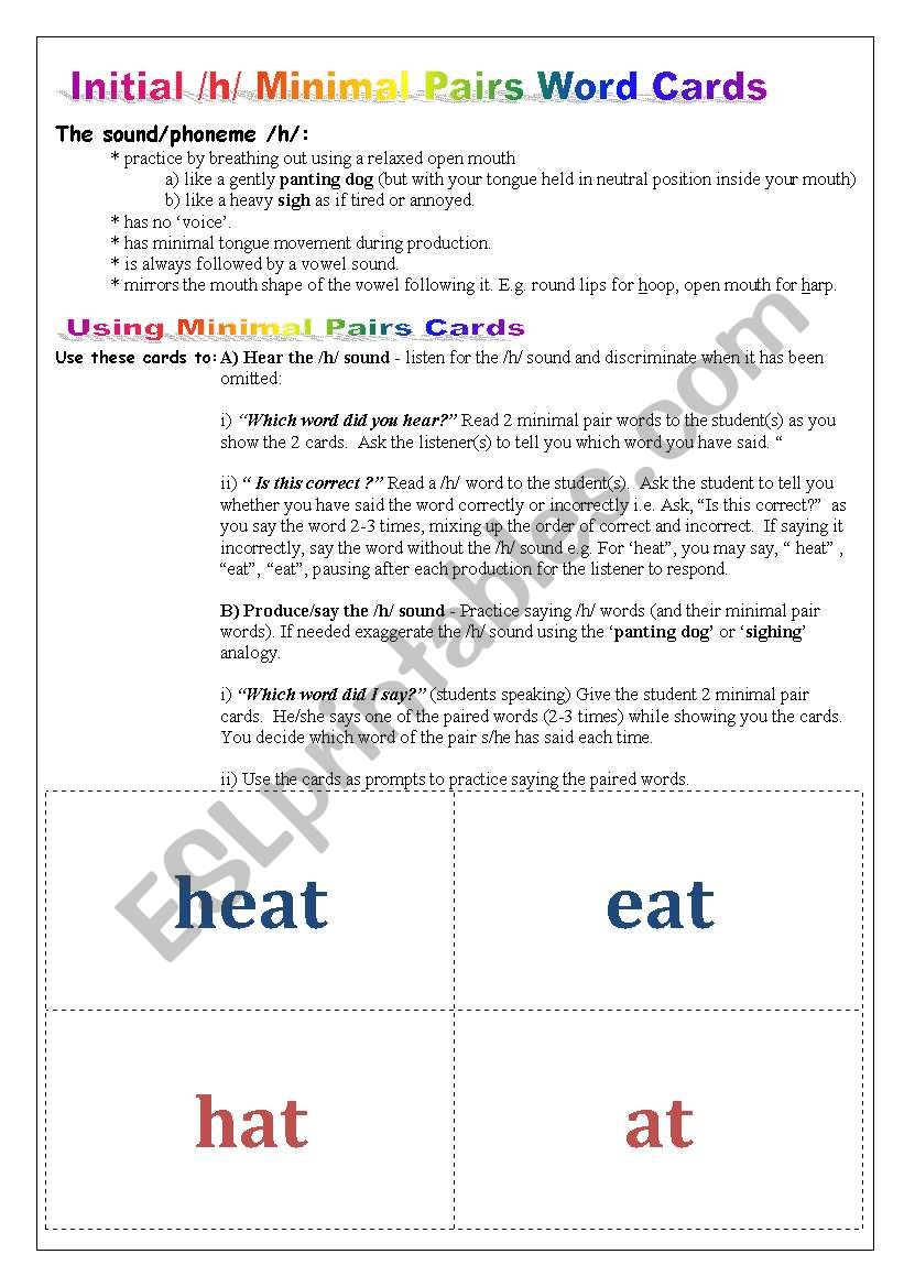 /h/ minimal pairs cards worksheet