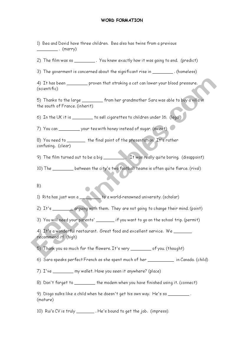 Word Formation Worksheet worksheet