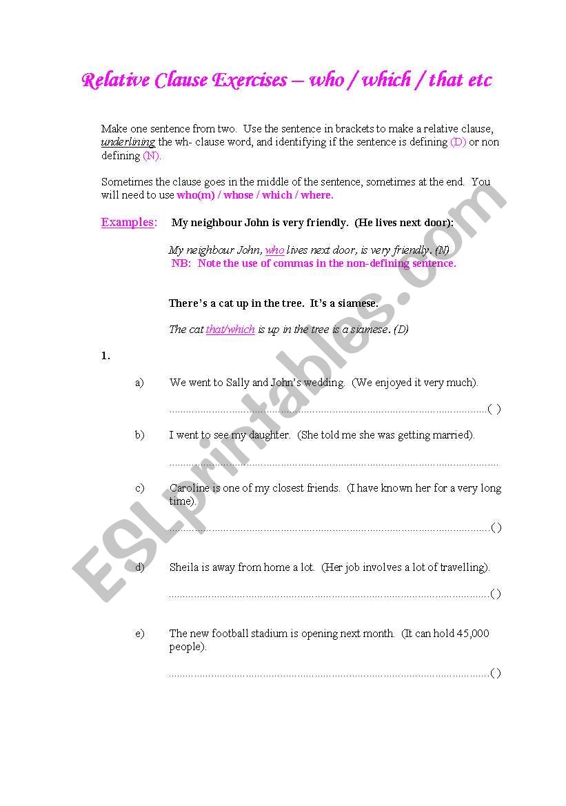 RELATIVE CLAUSES worksheet