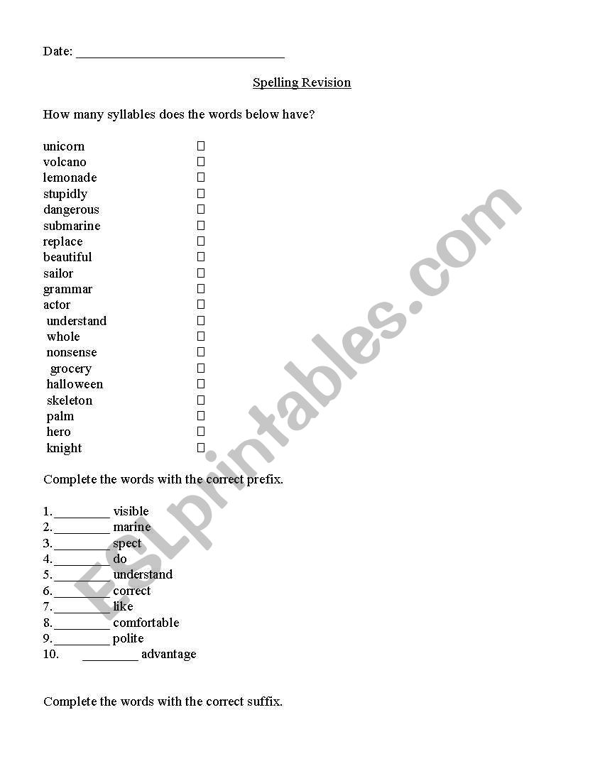 Spelling Test worksheet