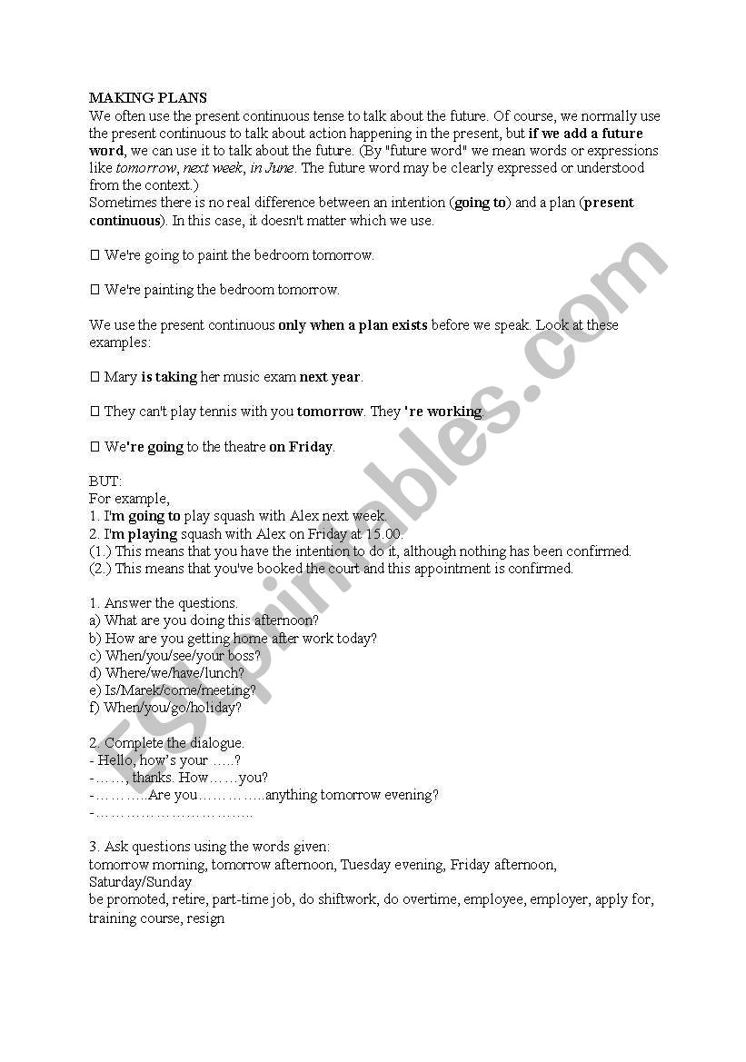 Making plans worksheet