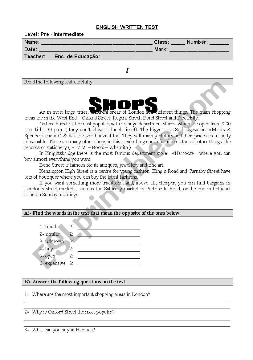 test about shops worksheet