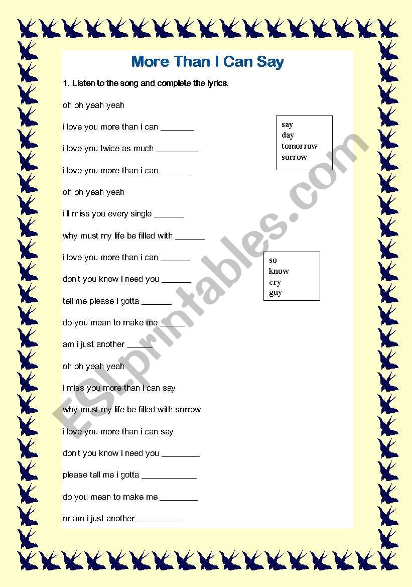 Song: More Than I Can Say worksheet
