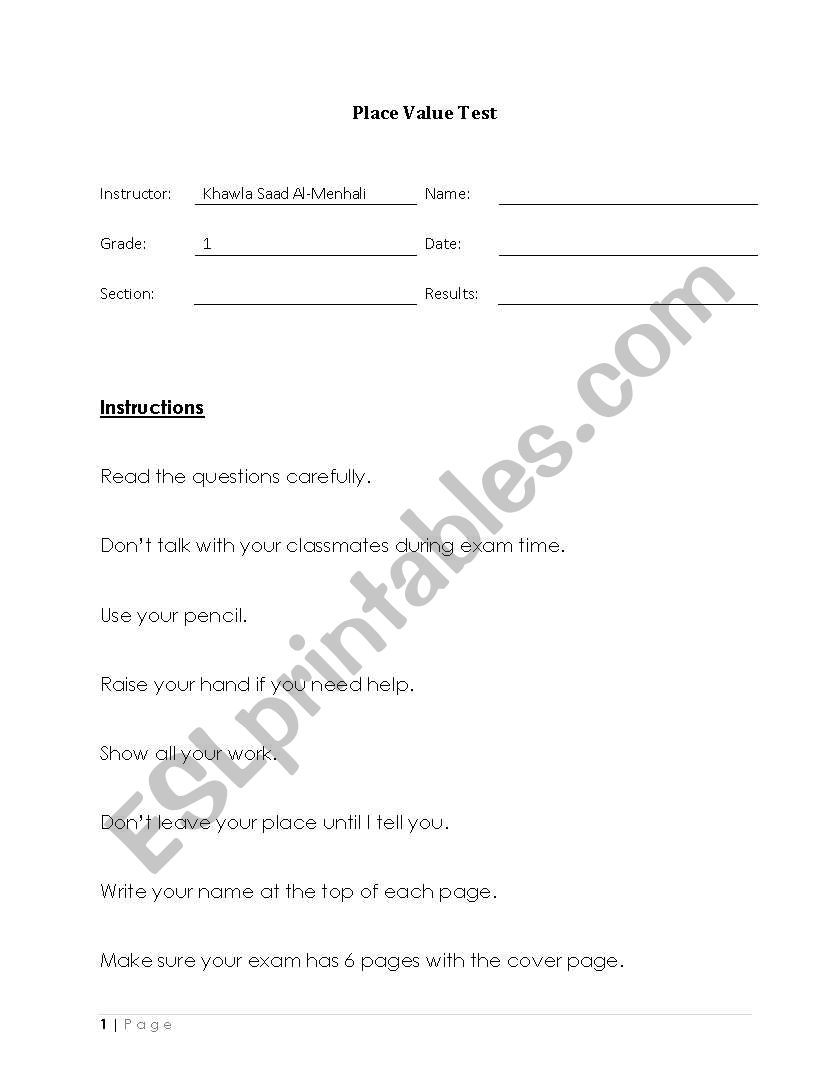 Place Value Test worksheet