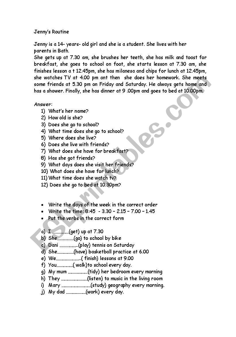 Jennys Routine worksheet