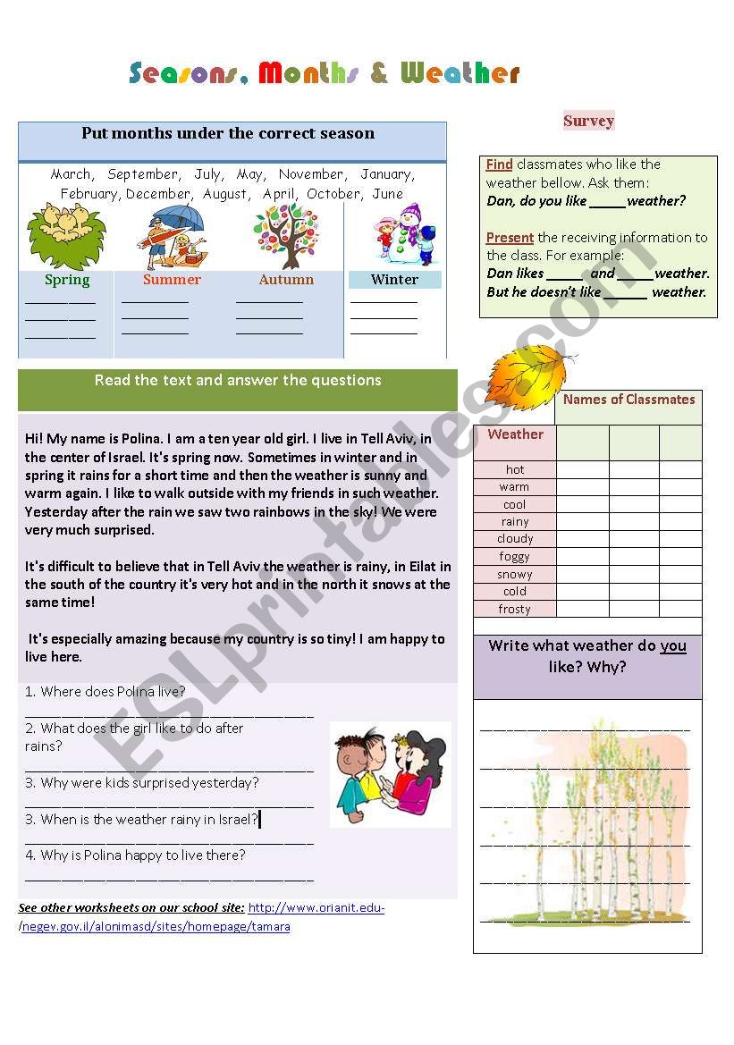 Seasons, months and weather worksheet