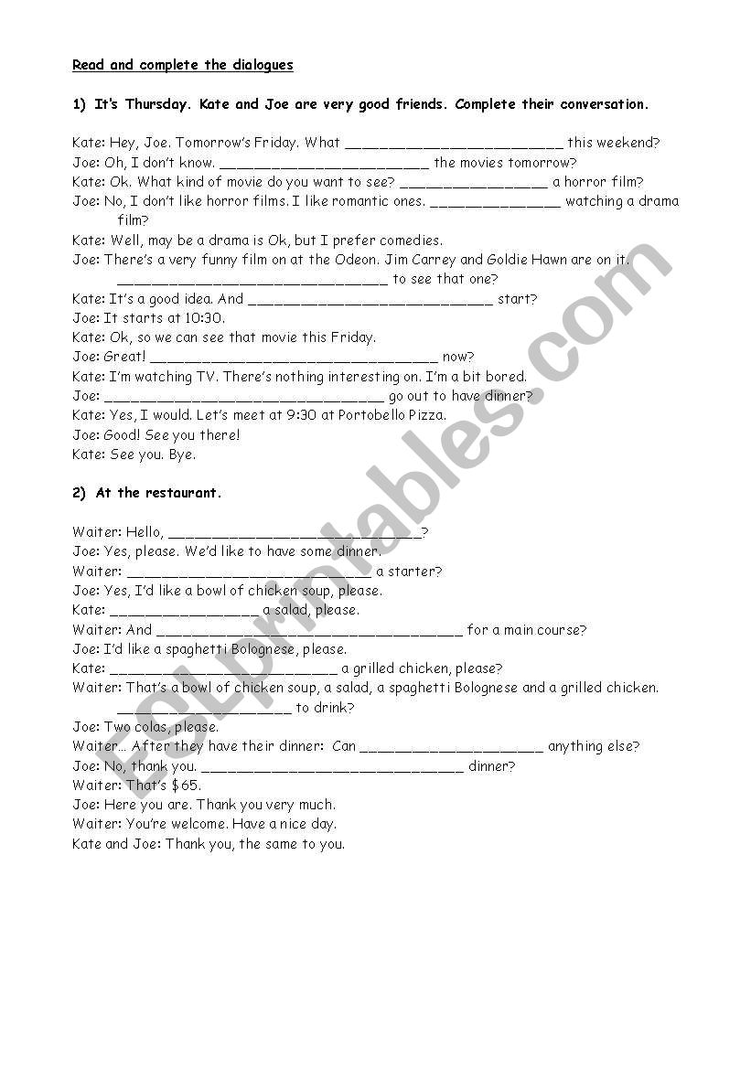 Functions dialogues worksheet