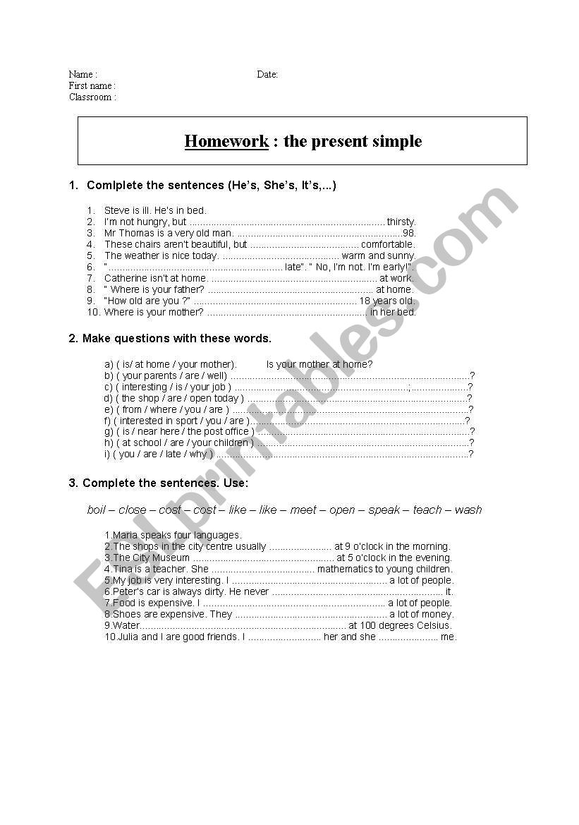 Homework (the simple present) worksheet