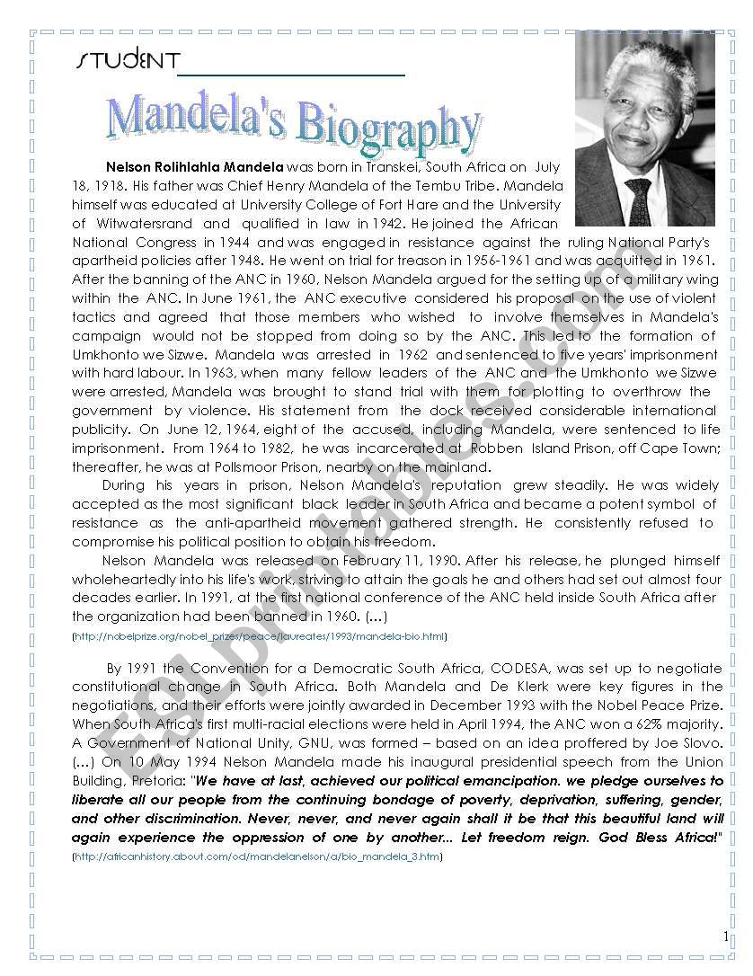 Mandelas Biography worksheet
