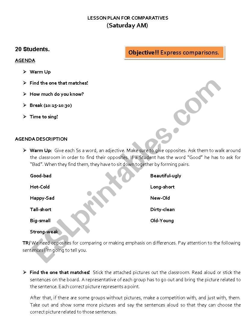 COMPARISONS LESSON PLAN worksheet