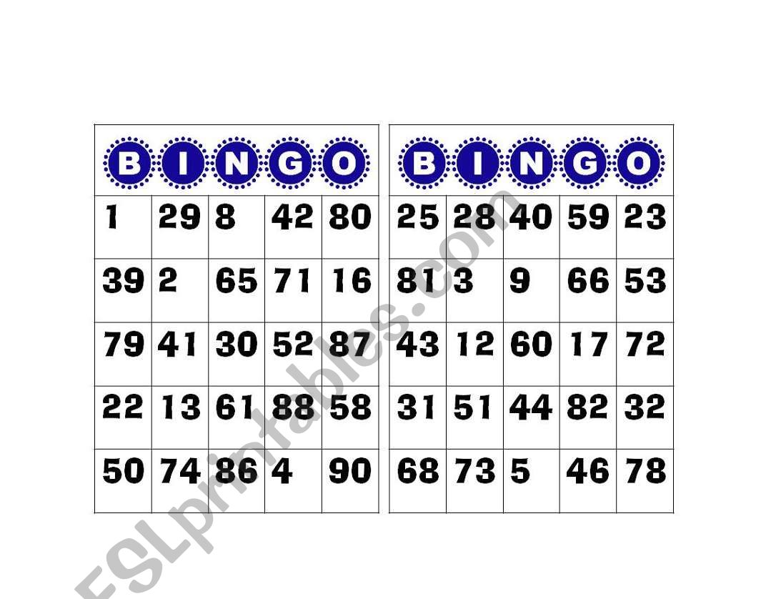 Bingo Numbers 1 to 100 worksheet