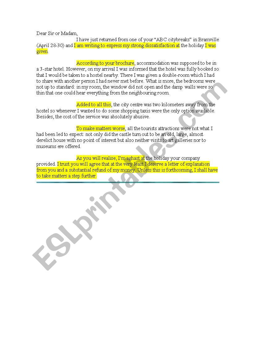 letter of complaint worksheet