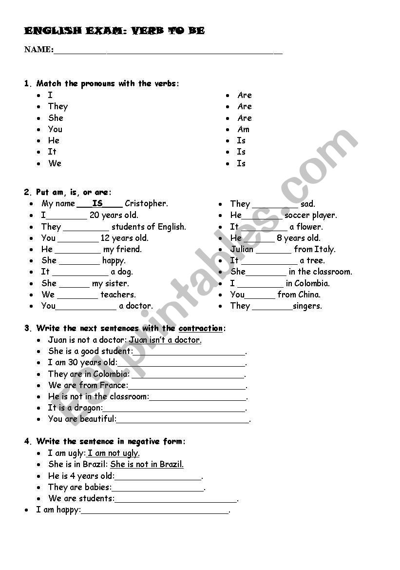 Verb To be Activity/Exam worksheet