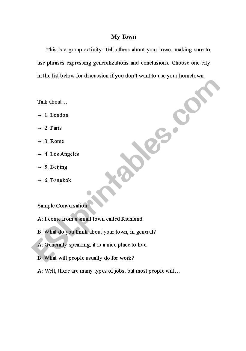 My Town worksheet