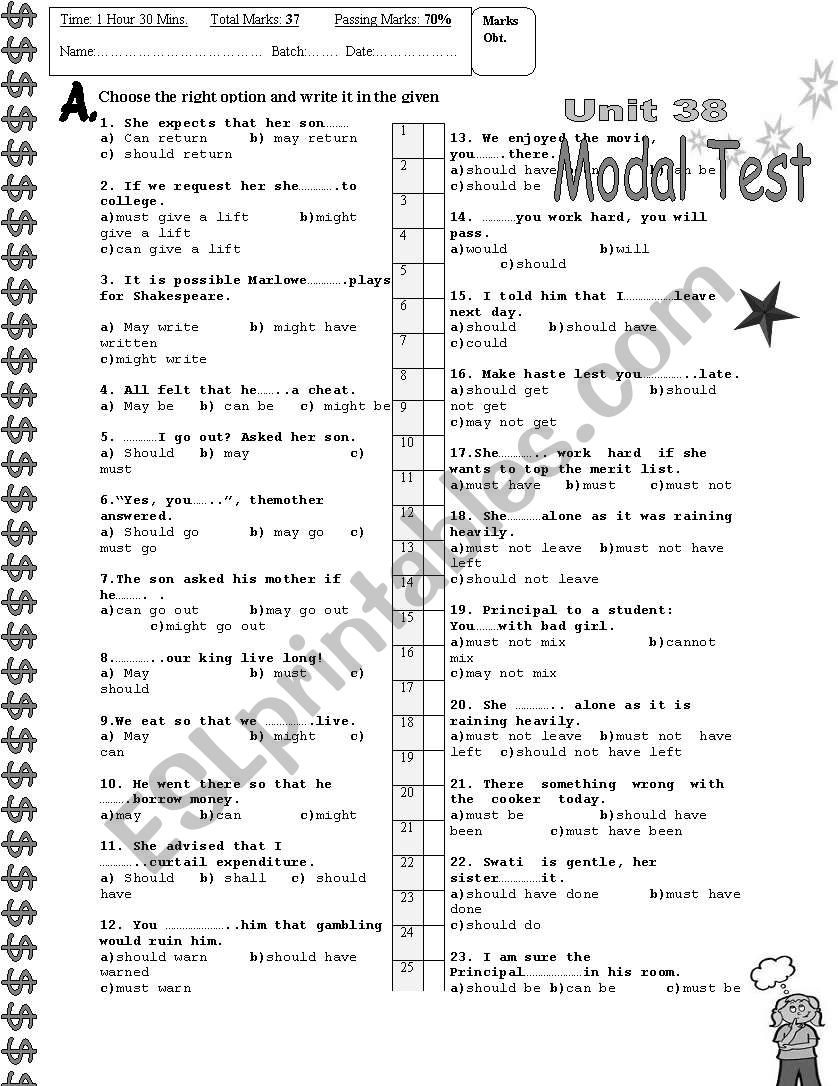 Modal Verb Test with Objective Questions