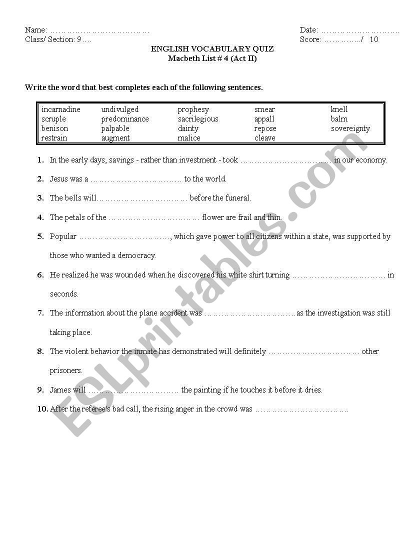 Macbeth Vocabulary Quiz Act II