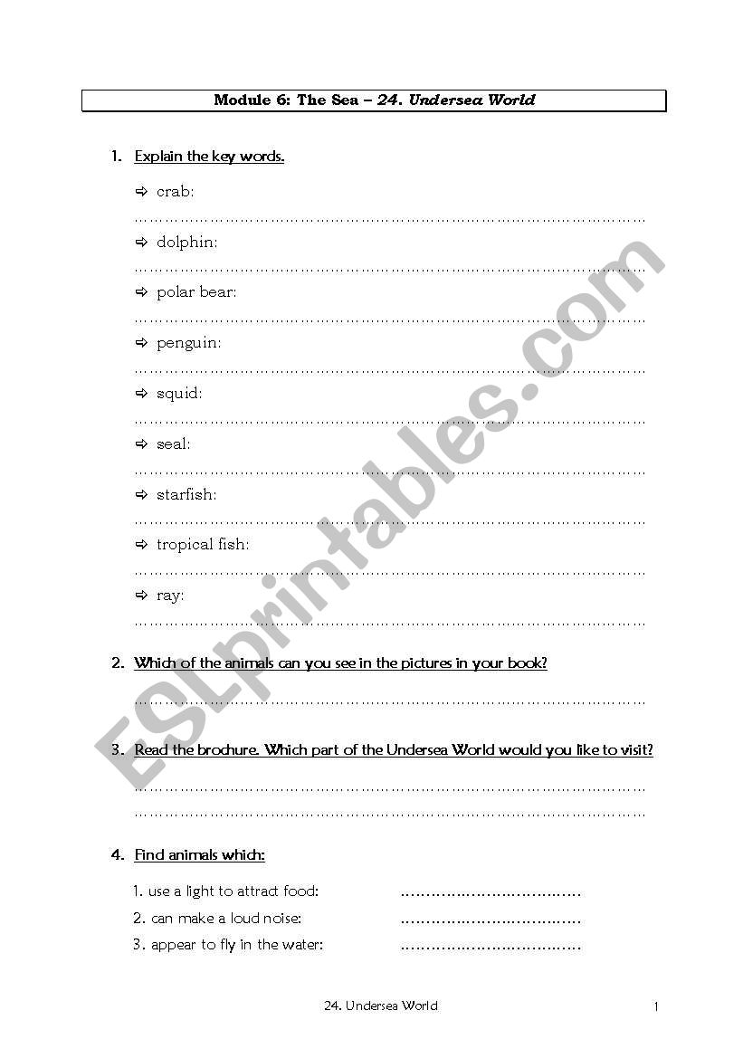 undersea world worksheet