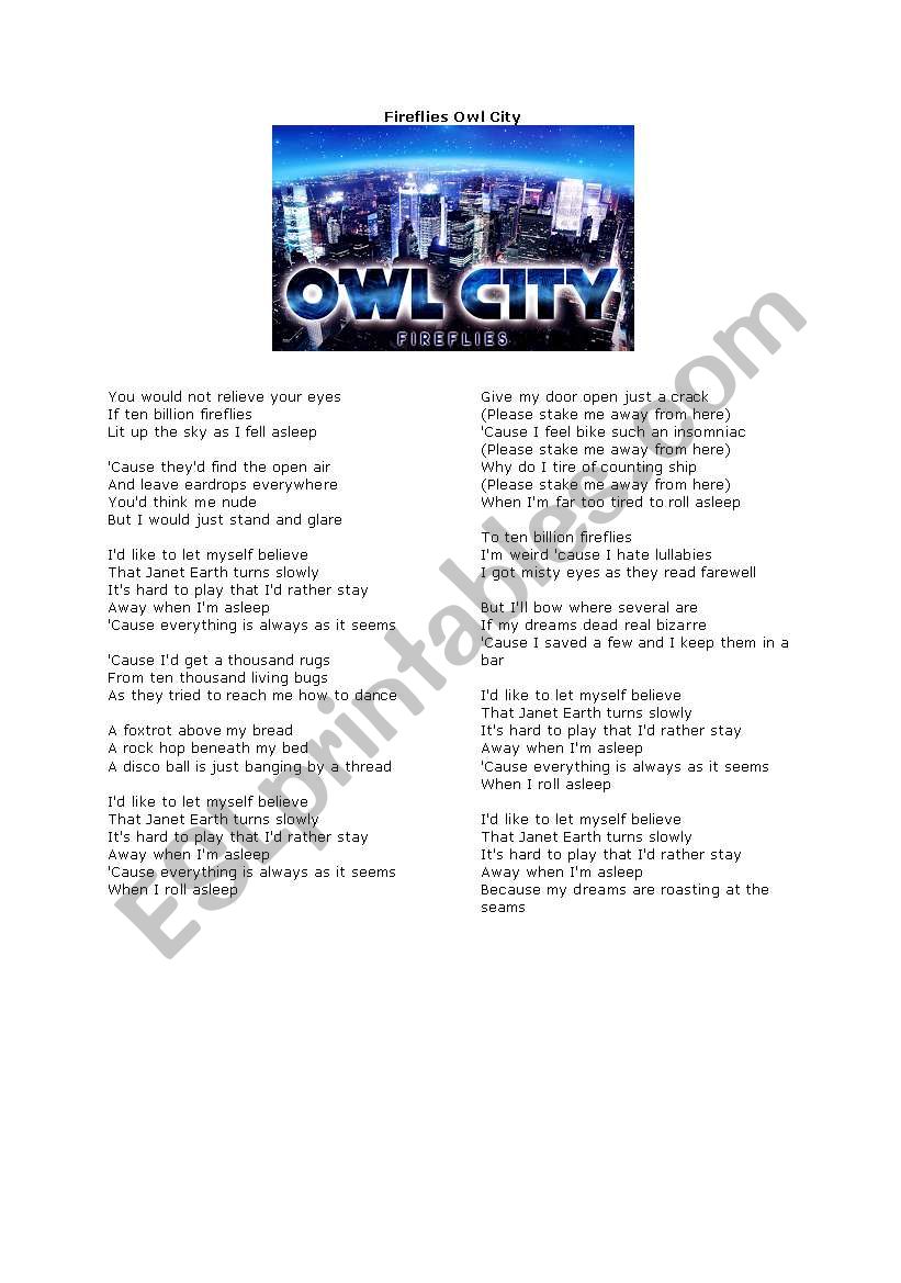 Owl City Fireflies lyrics worksheet