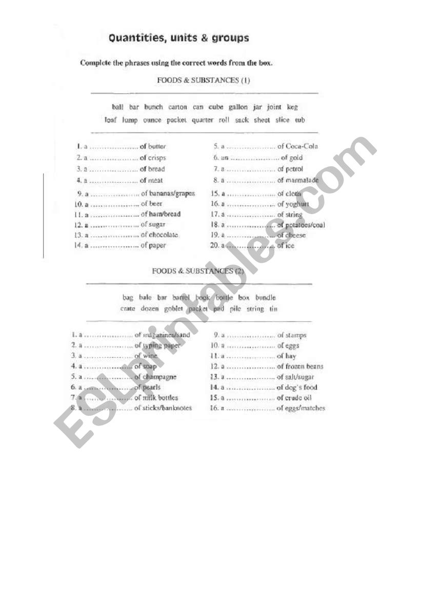 quantities, units, groups worksheet