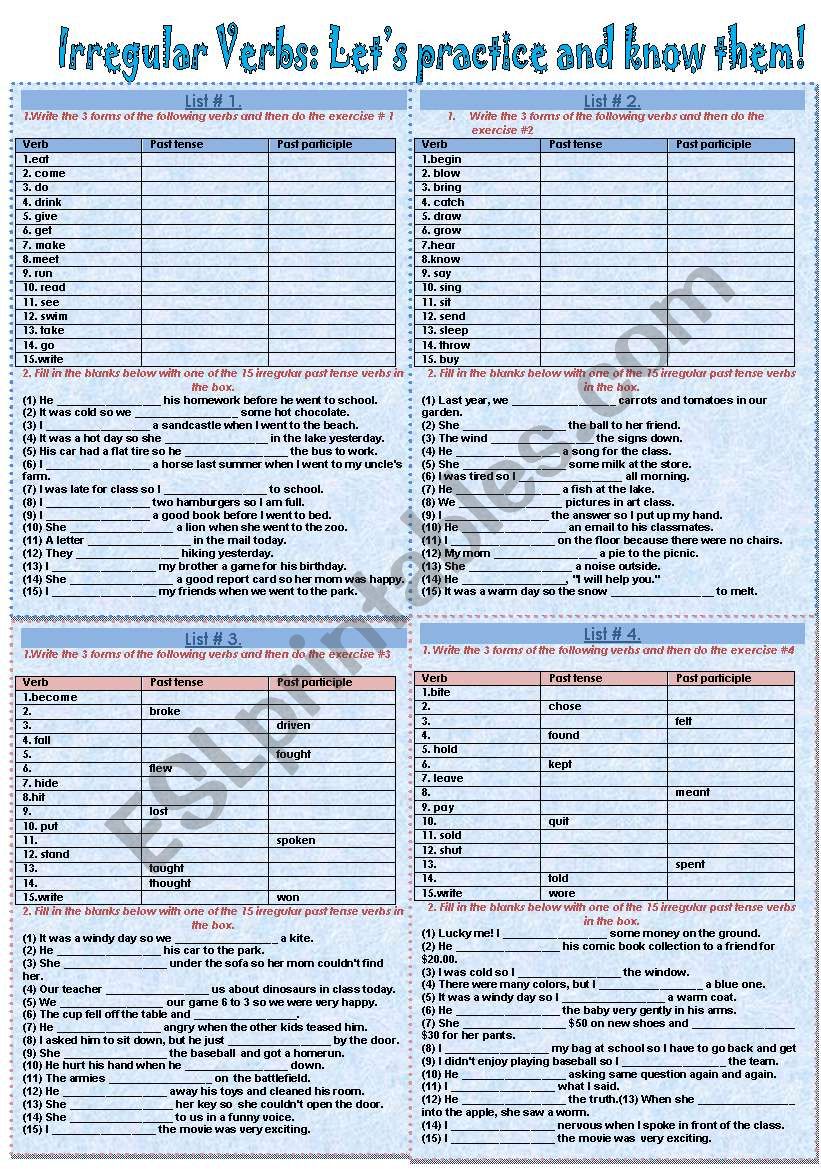 IRREGULAR VERBS learning. there are 4 lists and 60 verbs.