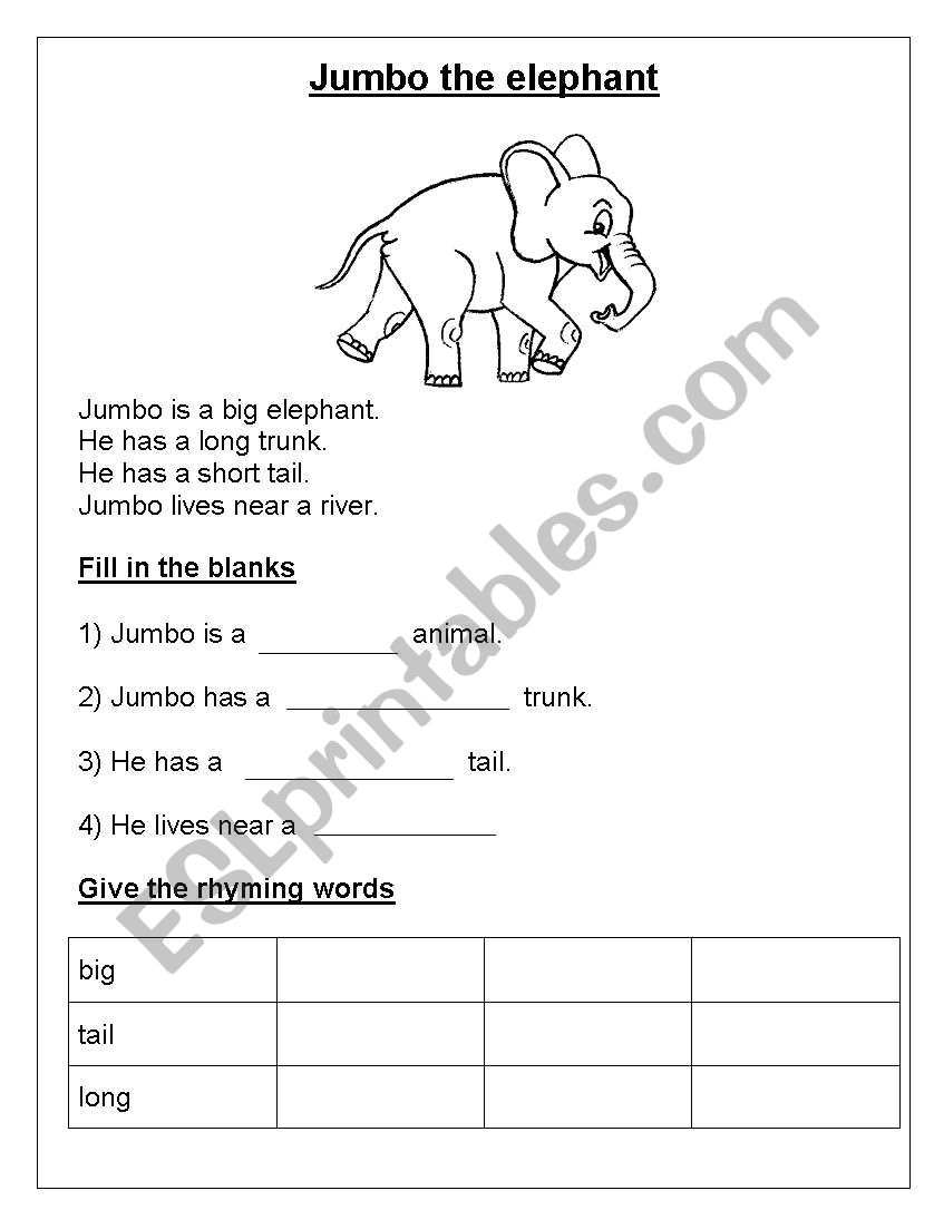 Jumbo the elephant worksheet