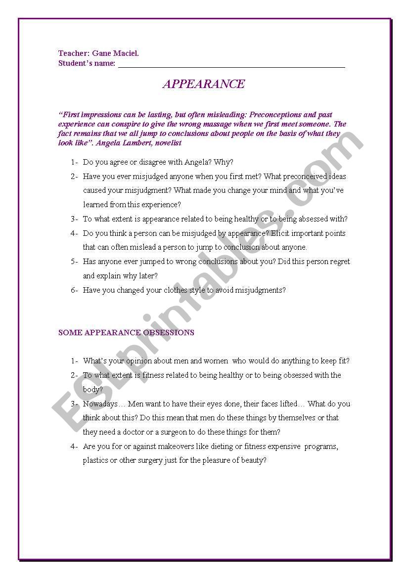 Appearance ( Speaking class) worksheet