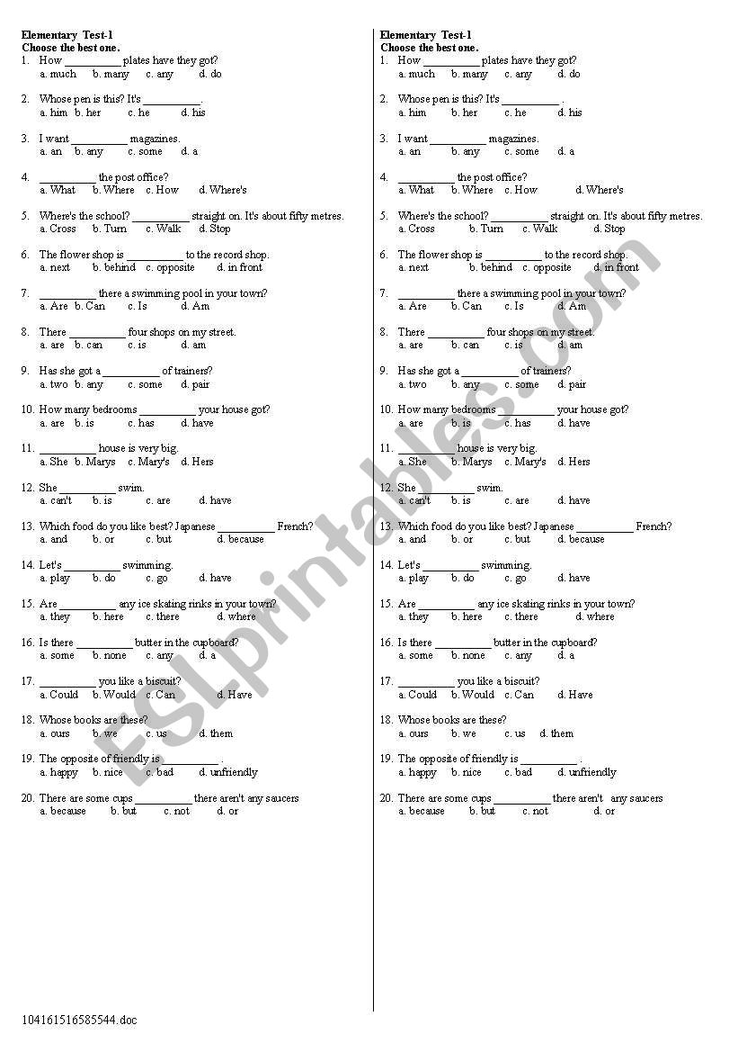 General Checking Test worksheet