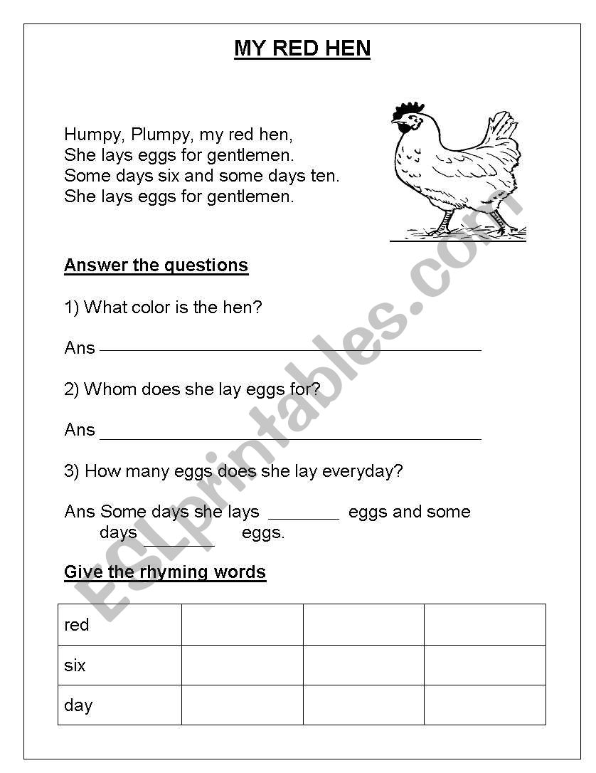 M6y red hen worksheet