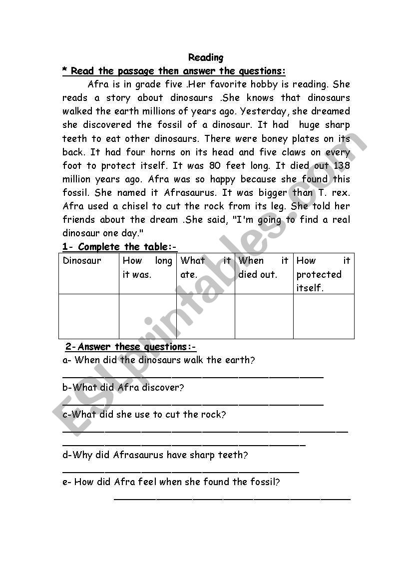 Reading worksheet