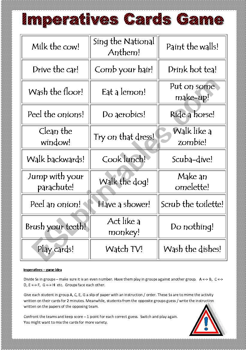 Imperatives Cards Game worksheet