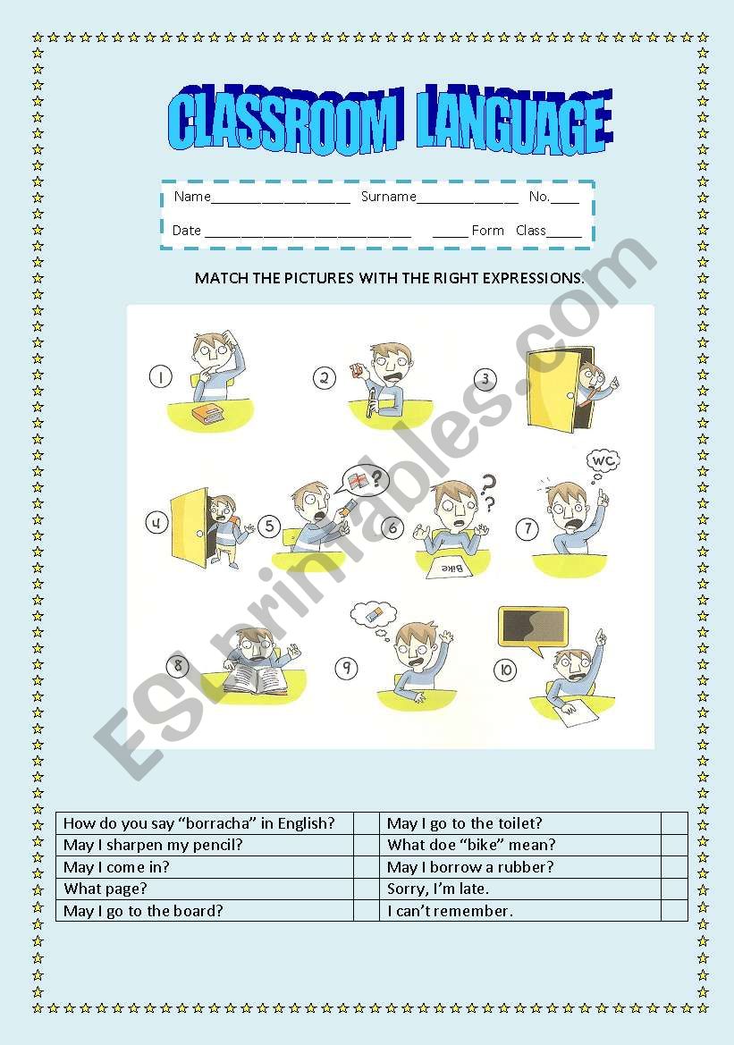 Classroom language worksheet