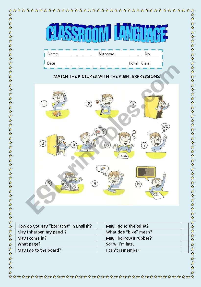 Classroom language worksheet