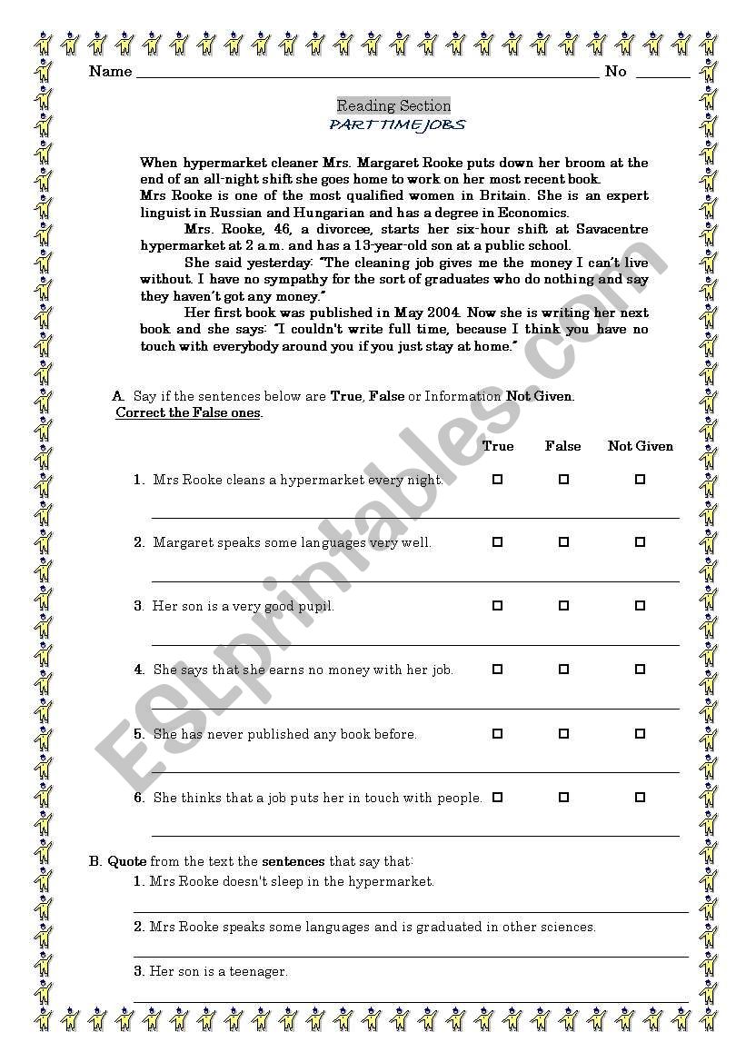 PART TIME JOBS worksheet