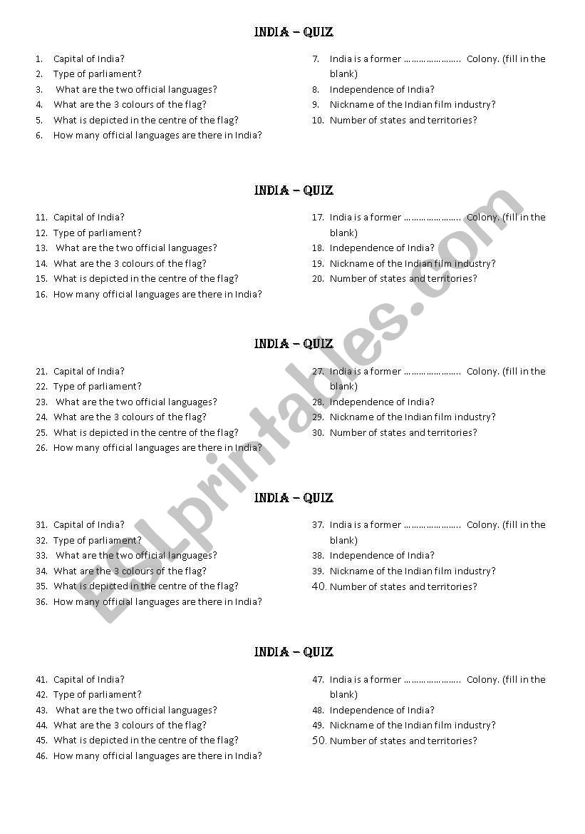 worksheet for india - quiz worksheet