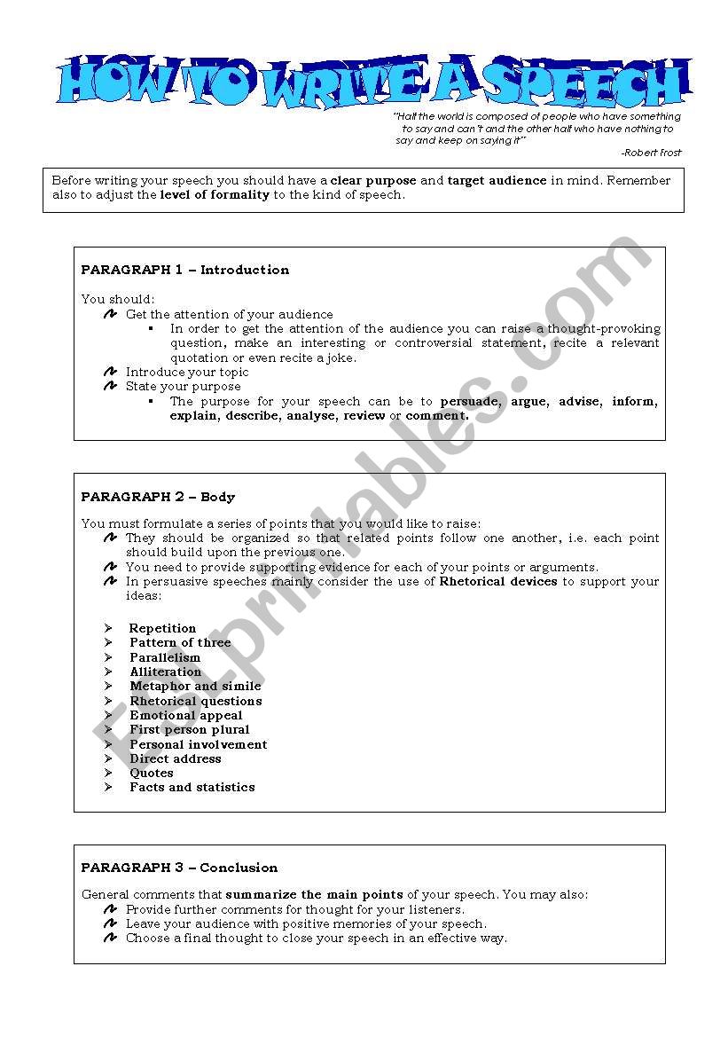 How to write a speech worksheet