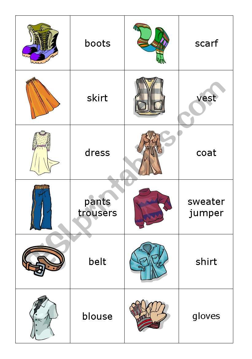 Memory card game clothes worksheet