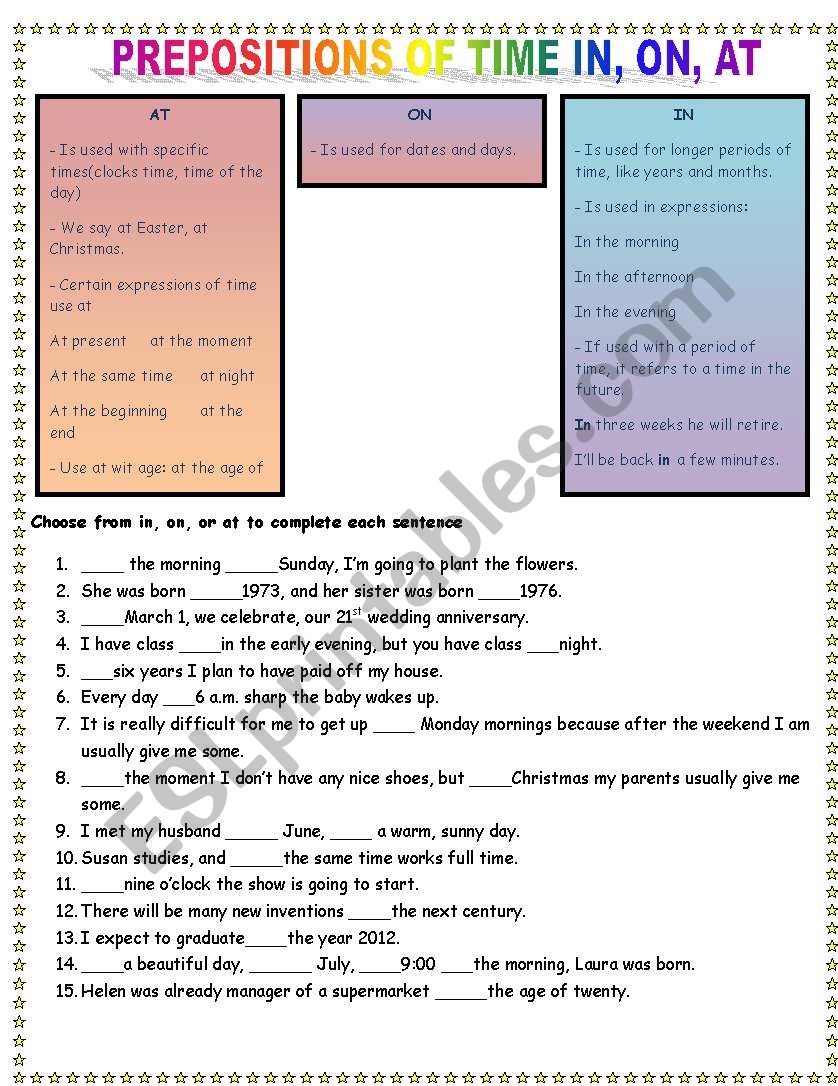 PREPOSITIONS OF TIME worksheet