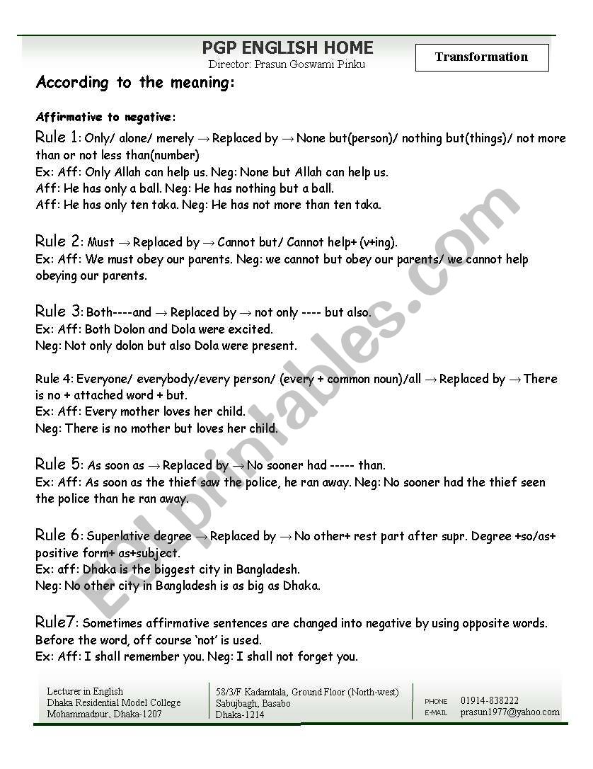 Transformation of Sentences worksheet