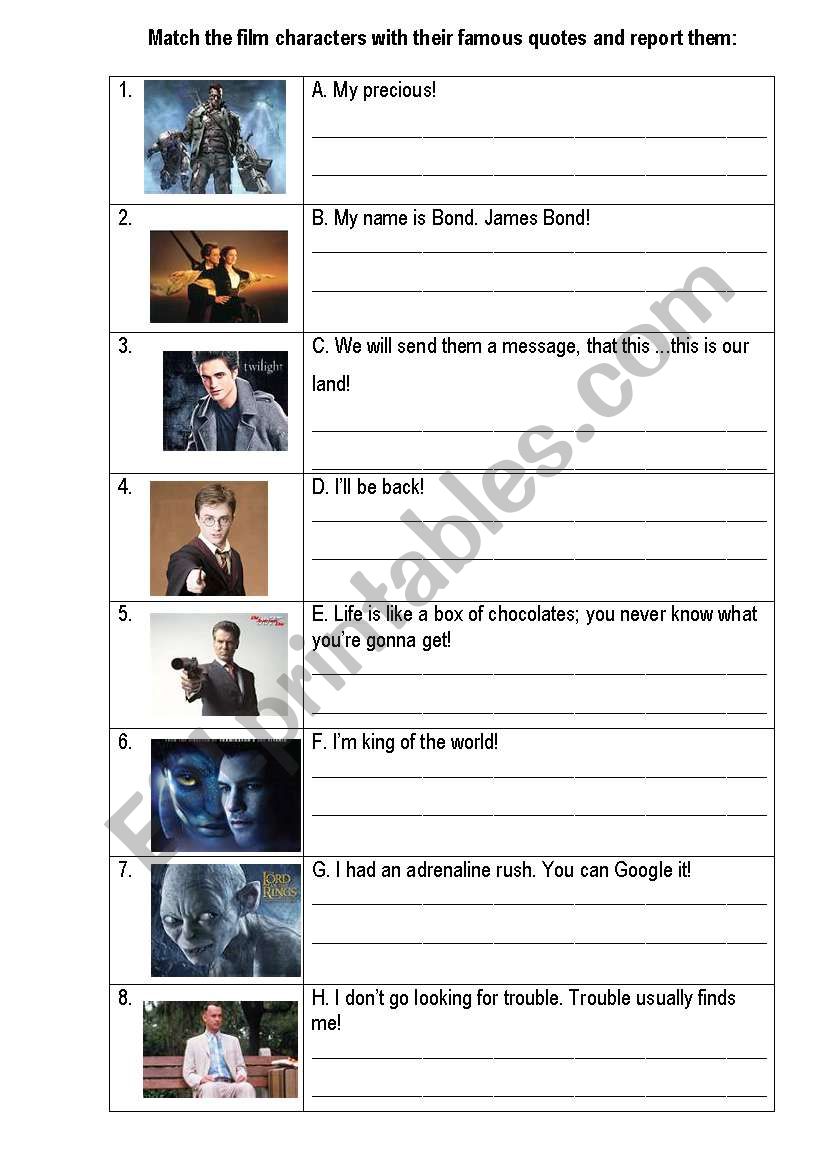 Reported film quotes worksheet