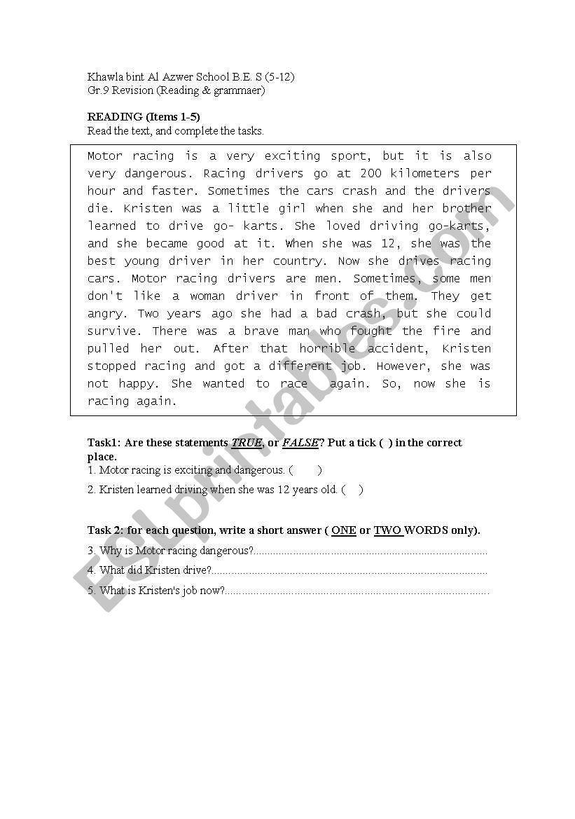 Reading worksheet